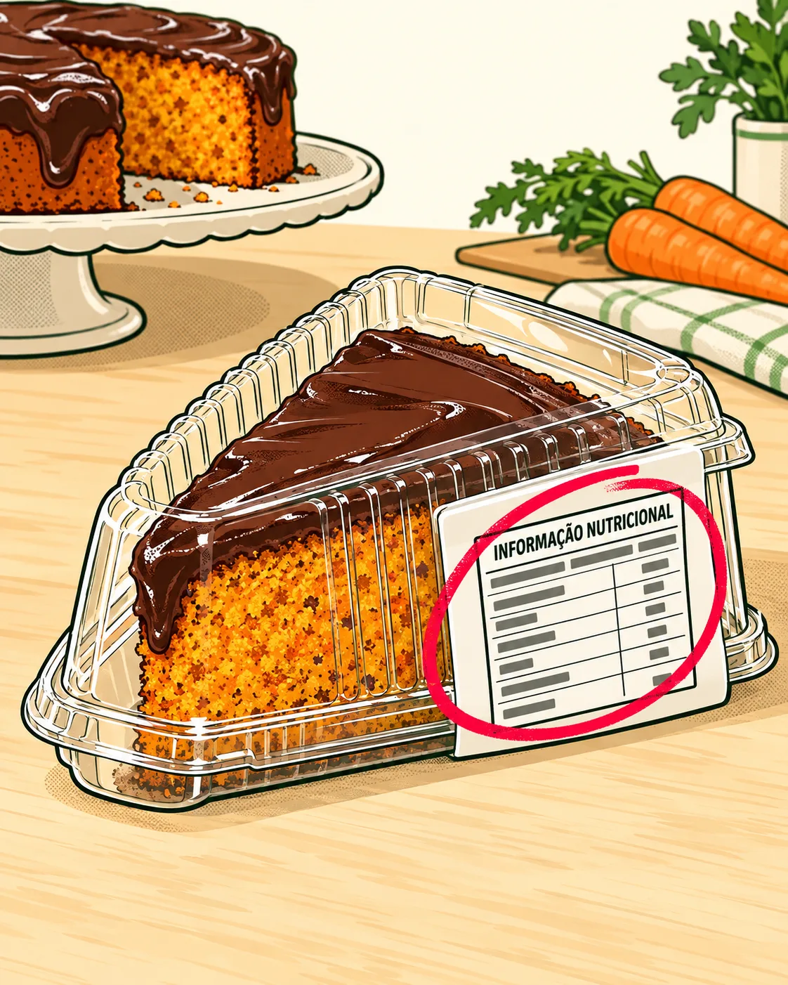uma fatia de bolo de cenoura com cobertura de chocolate, embalada, com o rótulo colado no verso e a tabela nutricional bem visível.