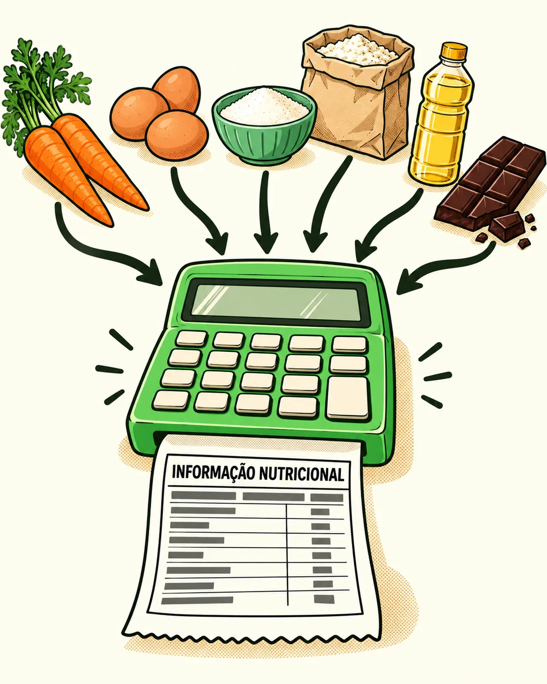 os ingredientes do bolo (cenoura, ovos, açúcar, farinha, óleo, chocolate), cada um com uma seta que entra numa calculadora. Da calculadora sai uma tabela nutricional.
