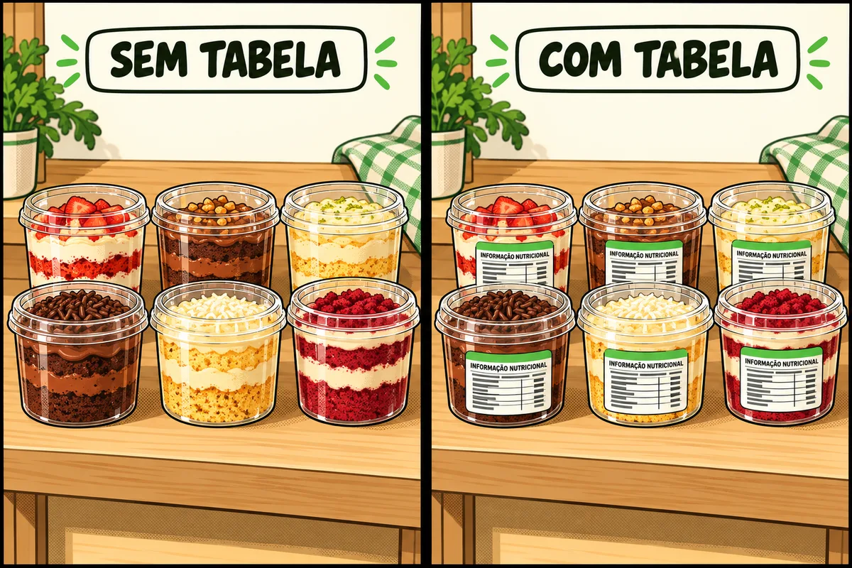 a mesma vitrine duas vezes. À esquerda, bolos de pote sem rótulo. À direita, os mesmos bolos, com a mesma luz, agora com rótulo e tabela.