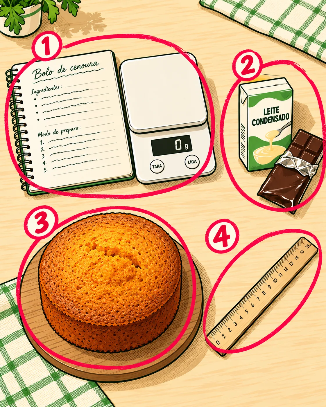 bancada com uma balança de cozinha, um caderno de receitas aberto, uma lata de leite condensado, uma barra de chocolate e uma régua.