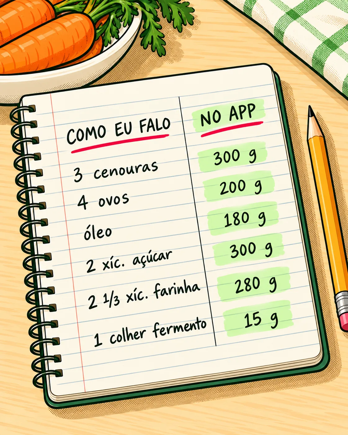 uma página de caderno com a receita do bolo de cenoura em duas colunas: "como eu falo" (3 cenouras médias, 4 ovos, 2 xícaras de açúcar…) e "como vai no app" (300 g, 200 g, 300 g…), escrita à mão.