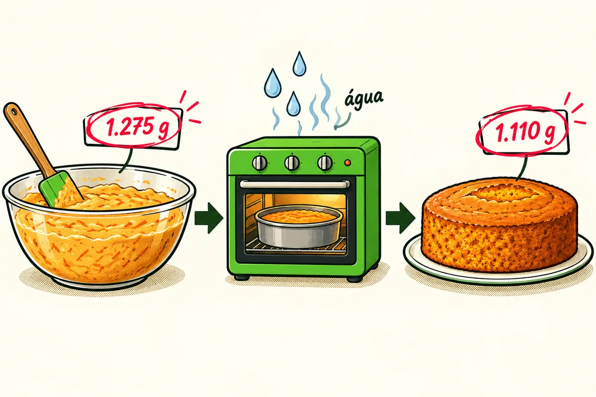 à esquerda, uma tigela de massa crua com a etiqueta "1.275 g". No meio, uma seta passando por um forno, com gotinhas de vapor saindo. À direita, o bolo pronto com a etiqueta "1.110 g".