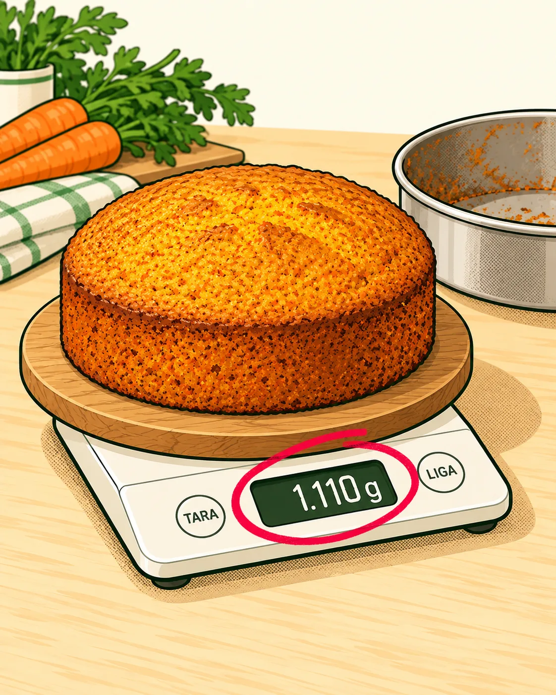 o bolo de cenoura desenformado e frio, sem cobertura, sobre uma tábua em cima da balança, marcando 1.110 g.
