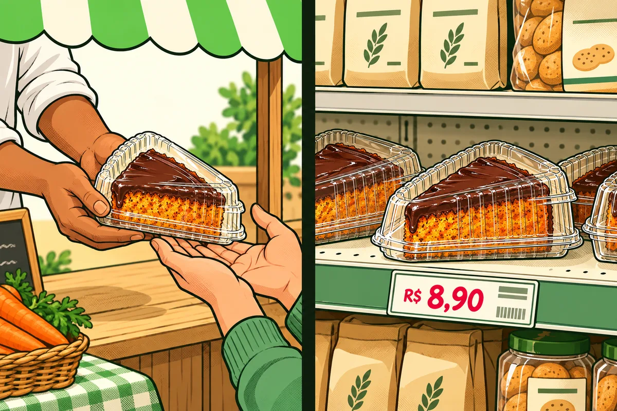 dois quadros. À esquerda, uma confeiteira entregando um bolo direto na mão de um cliente, numa barraca de feira ("Só no meu próprio ponto"). À direita, o mesmo bolo embalado numa prateleira de mercado ("Também revendo em outros lugares").