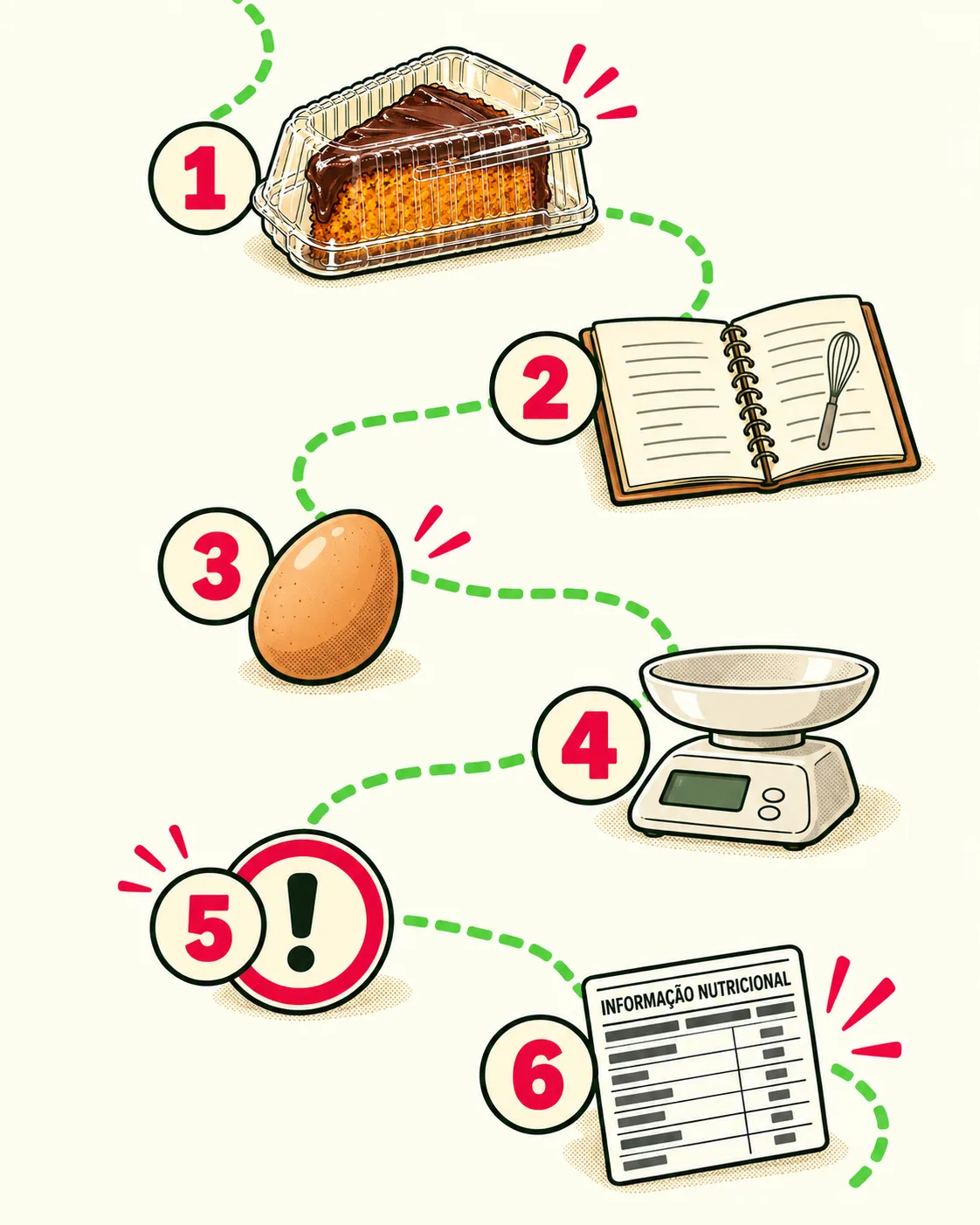 uma trilha com 6 paradas numeradas. Cada parada tem um ícone simples: 1 uma embalagem, 2 um caderno de receita, 3 um ovo, 4 uma balança, 5 um sinal de atenção, 6 uma tabela nutricional.