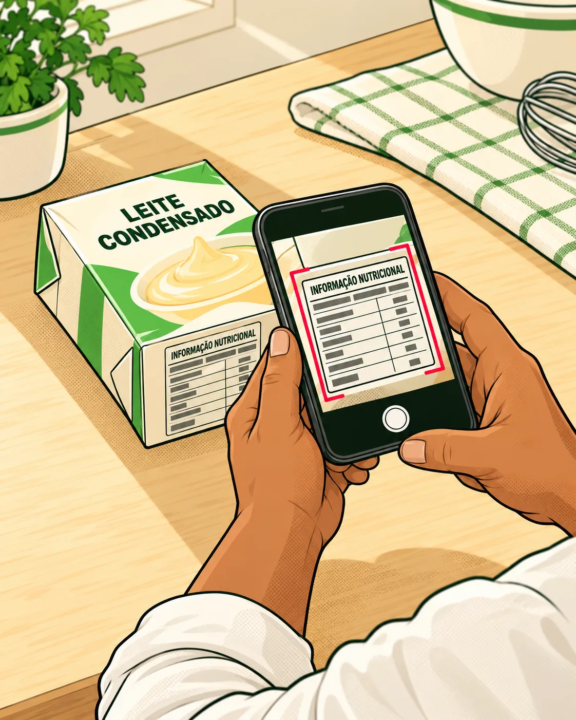 uma mão segurando o celular sobre uma caixinha de leite condensado (marca fictícia), com a tabela nutricional enquadrada na tela da câmera.