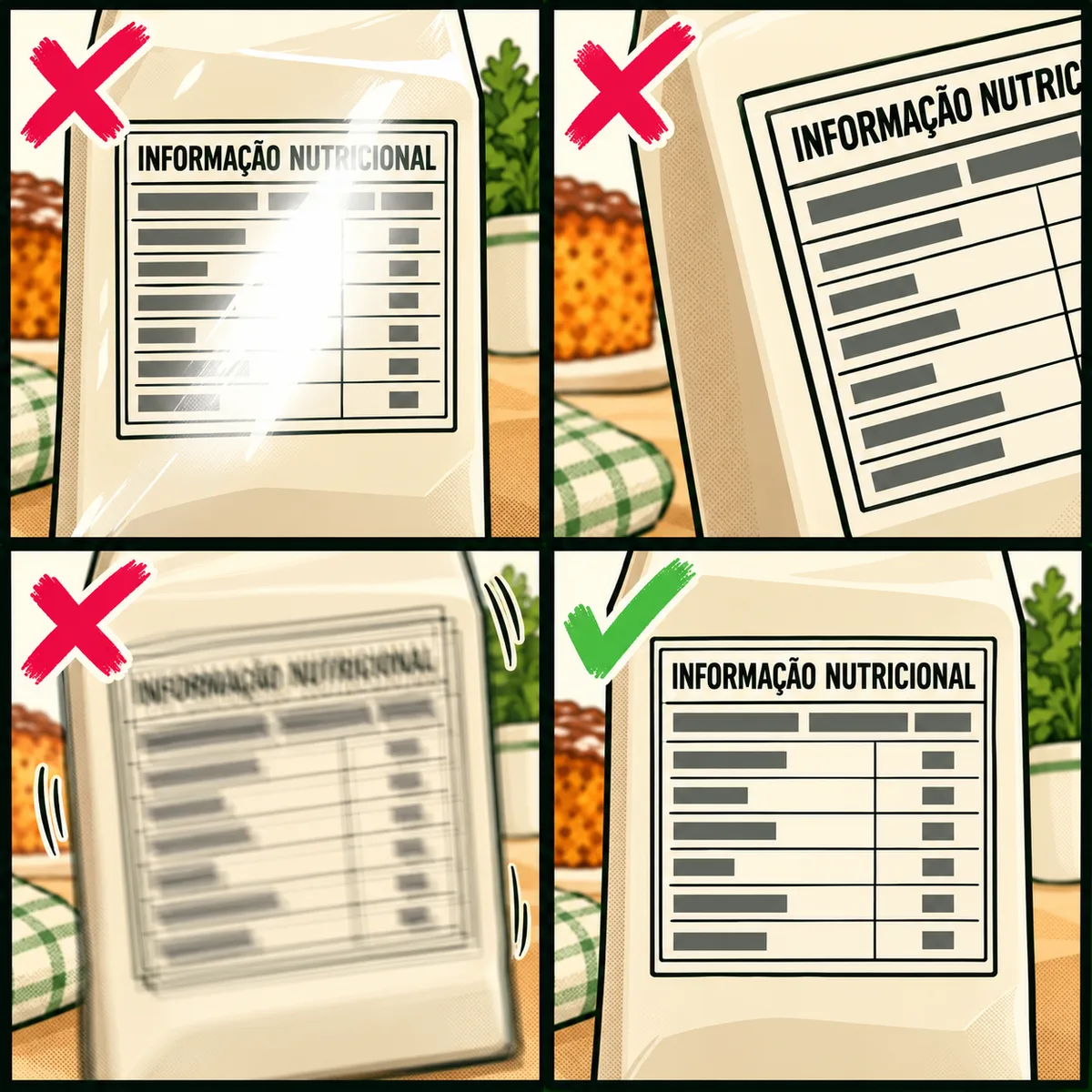 quatro fotos da mesma tabela nutricional: ❌ com um reflexo branco de luz em cima dos números; ❌ torta e cortada na lateral; ❌ tremida, com os números borrados; ✅ reta, nítida, com a tabela inteira.