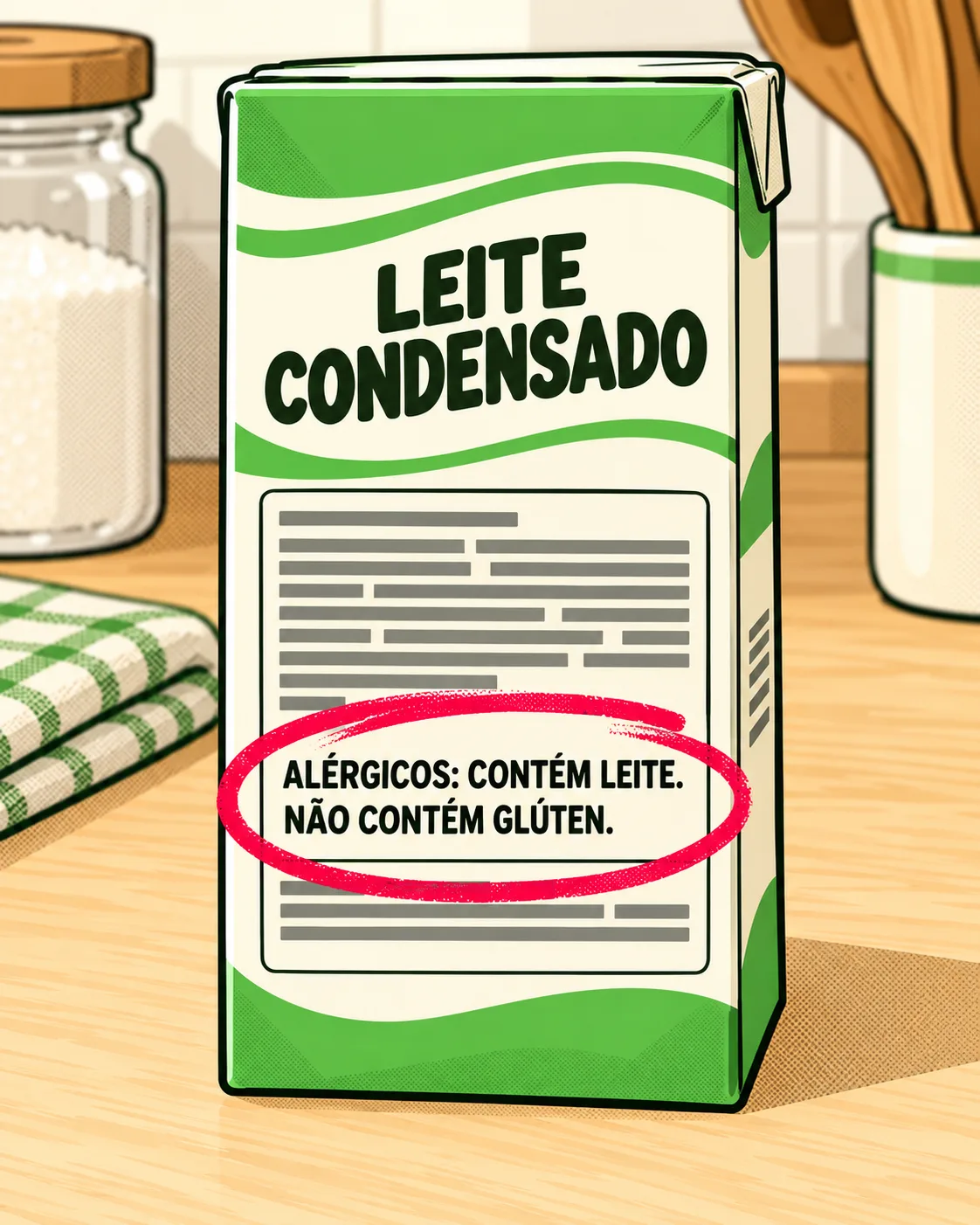 close no verso da embalagem de leite condensado (marca fictícia), mostrando a lista de ingredientes e, logo abaixo, "ALÉRGICOS: CONTÉM LEITE" e "NÃO CONTÉM GLÚTEN".