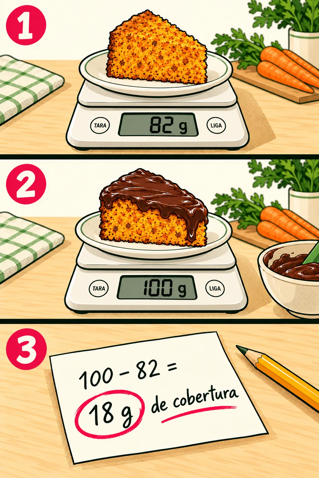 (1) uma fatia de bolo de cenoura sem cobertura na balança, marcando 82 g; (2) a mesma fatia coberta de chocolate, marcando 100 g; (3) um papel escrito à mão: "100 − 82 = 18 g de cobertura".