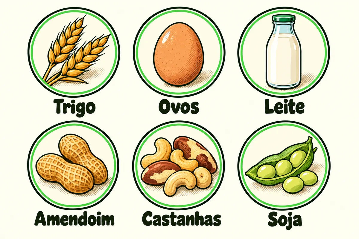 seis ícones simples, em linha, com o nome embaixo: trigo, ovo, leite, amendoim, castanhas, soja.