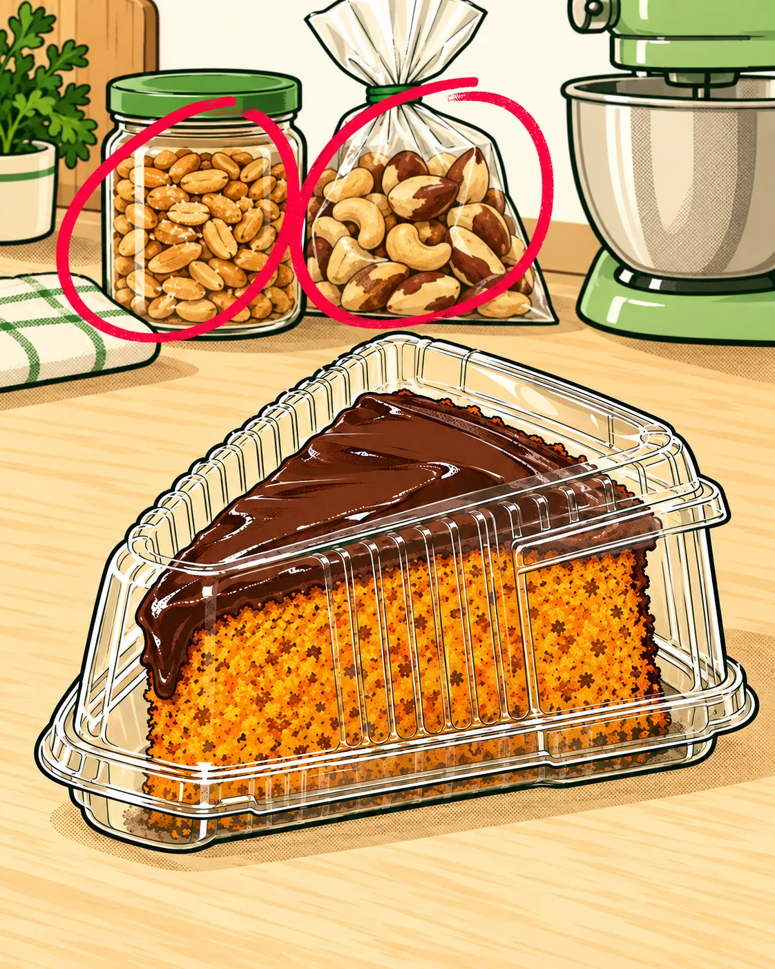 uma bancada de confeitaria com o bolo de cenoura na frente e, ao fundo, um pote de amendoim e um saco de castanhas.