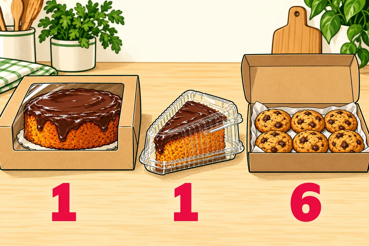três embalagens lado a lado: um bolo inteiro numa caixa ("1"), uma fatia embalada ("1") e uma caixa aberta com 6 cookies ("6").