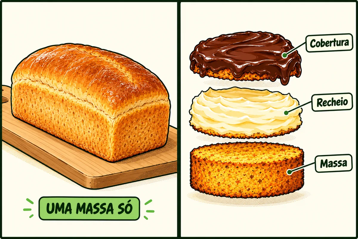 à esquerda, um pão de forma inteiro, com a etiqueta "uma massa só". À direita, uma fatia de bolo "explodida" em camadas separadas no ar, com as etiquetas "Massa", "Recheio" e "Cobertura".