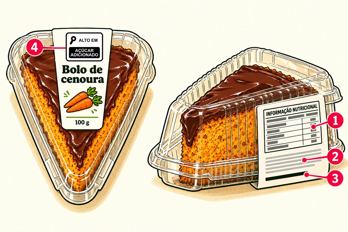 a embalagem da fatia de bolo de cenoura, frente e verso. Na frente: nome do produto, peso líquido e a lupa. No verso: a tabela nutricional, a lista de ingredientes e, logo abaixo dela, a frase dos alérgicos e do glúten.