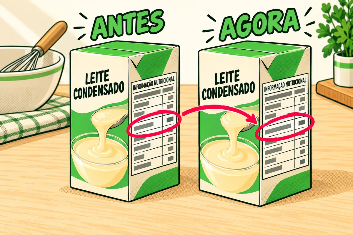 duas embalagens do mesmo leite condensado (marca fictícia), a antiga e a nova, lado a lado, com as tabelas visíveis. Um número diferente entre elas (ex.: os açúcares) está circulado nas duas.