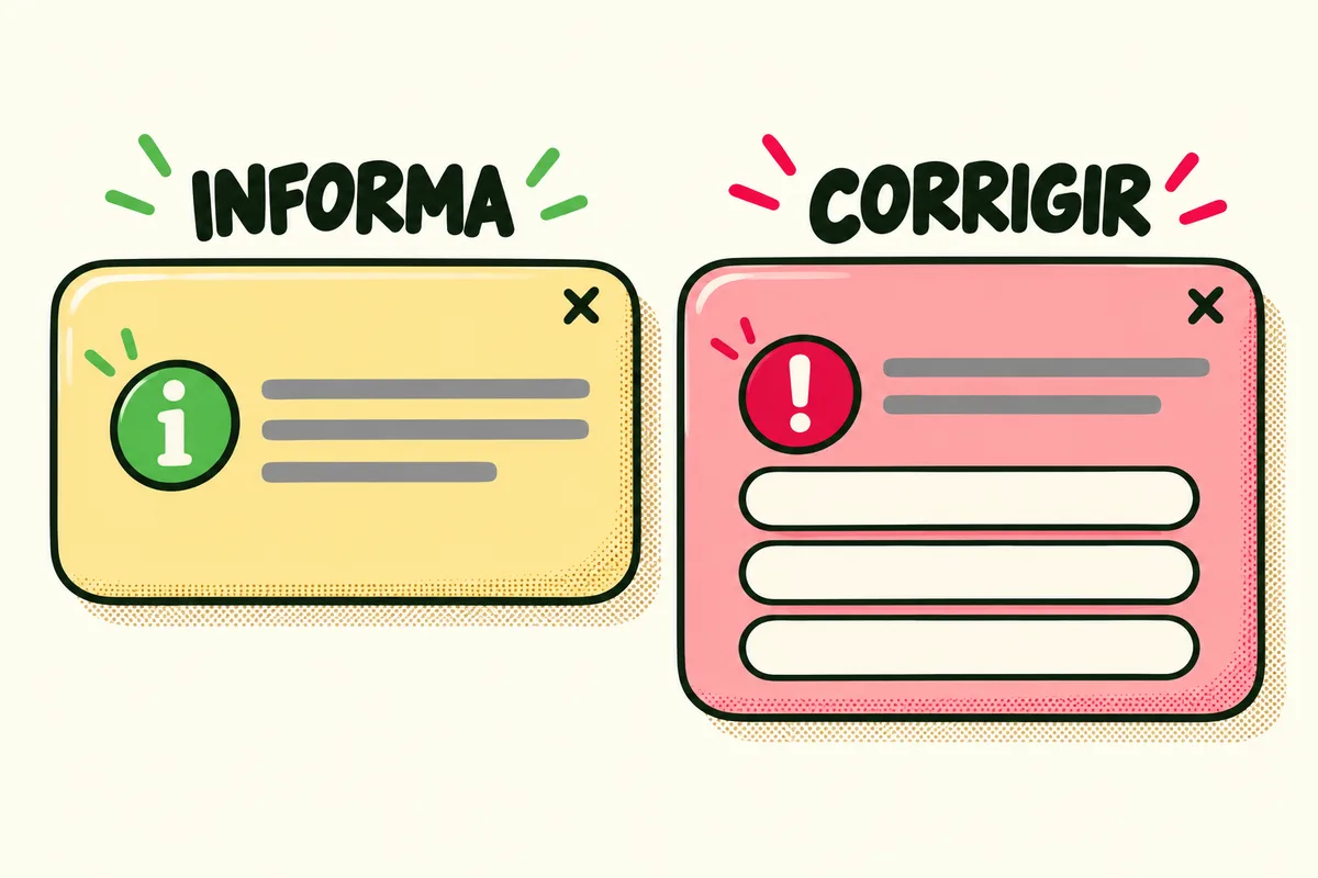 dois avisos lado a lado. À esquerda, um aviso amarelo com um X no canto ("Informação"). À direita, um aviso vermelho com os botões "Corrigir os ingredientes", "Corrigir os pesos" e "Trocar a categoria" ("Precisa de ajuste").
